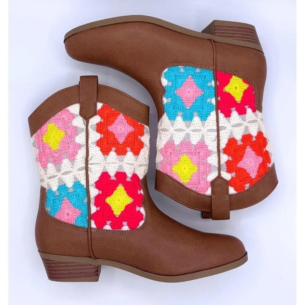 Sonoma Girls Western Cowboy Boots Brown Crochet Mid-Calf Ankle Boots Size 4